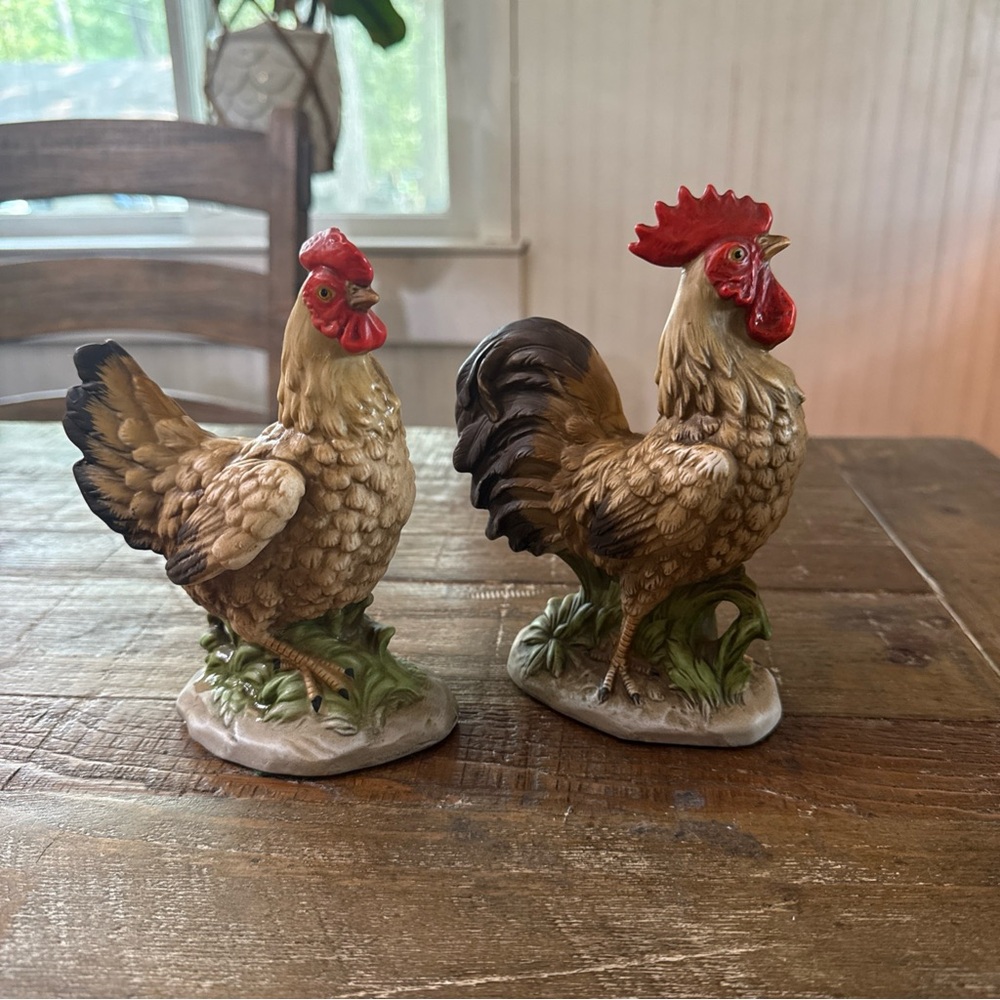 Homco Red-Accented Rooster and Hen Figurine Set
